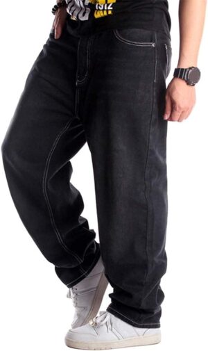 Men Baggy Hip Hop Jeans Casual Loose Fit Embroidered Skateboard Denim Pants