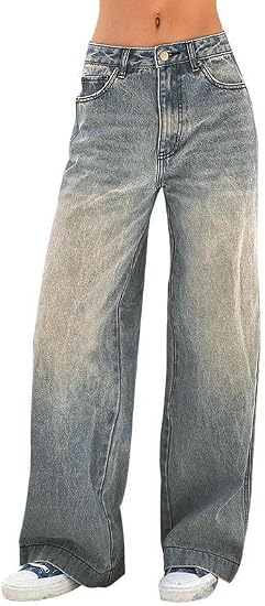 Women's Wide Leg Jeans Distress Mid Waist Denim Pants Vintage Y2K Trousers