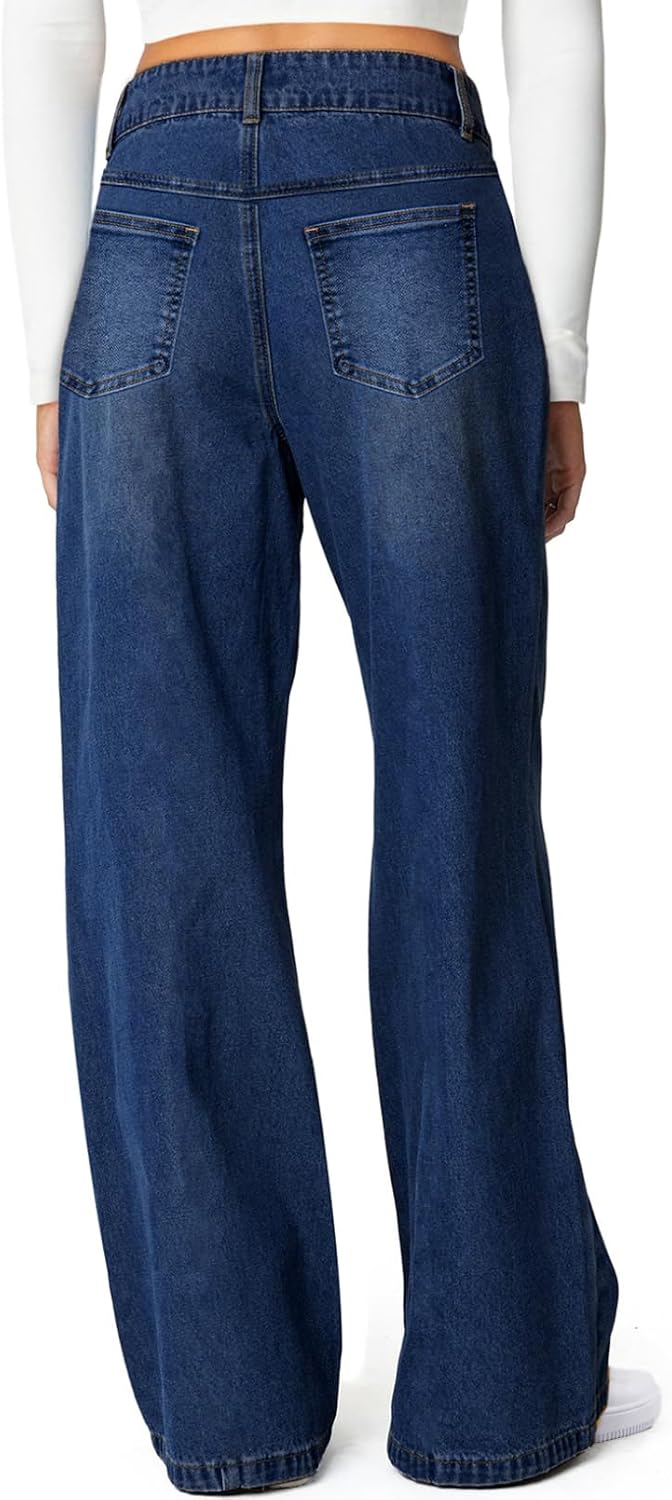 Women's Wide Leg Jeans High Waisted Stretchy Straight Leg Jeans Trendy Seamed Front Loose Denim Pants - Image 2