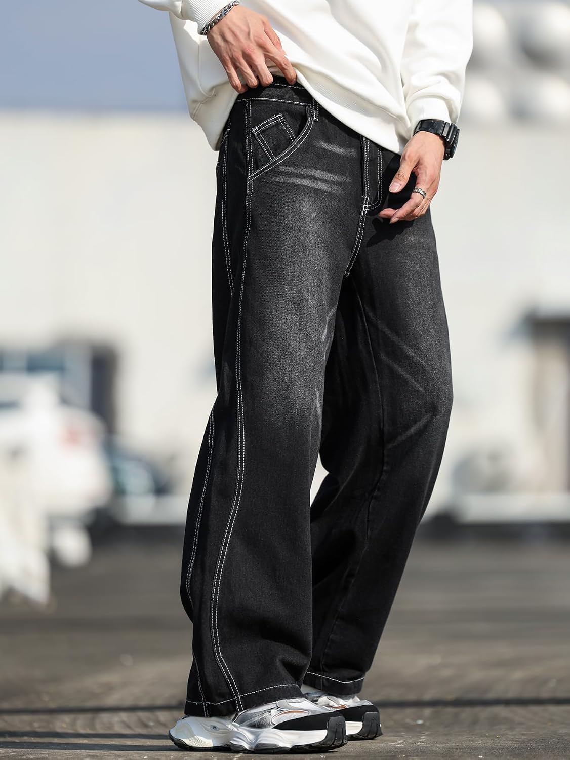 Men Baggy Jeans Distressed Wide Leg Denim Pants Casual Loose Fit Trousers Streetwear - Image 2