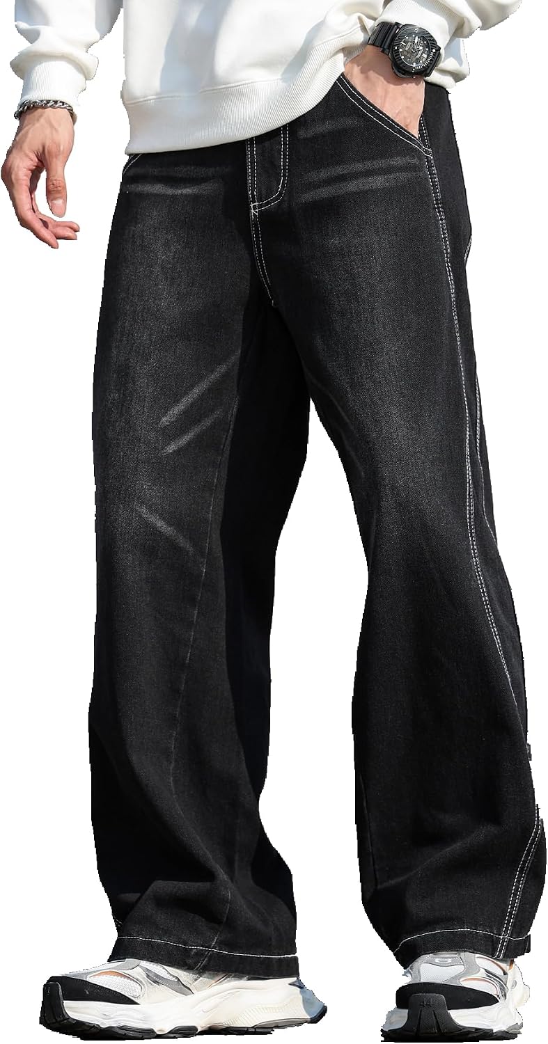 Men Baggy Jeans Distressed Wide Leg Denim Pants Casual Loose Fit Trousers Streetwear