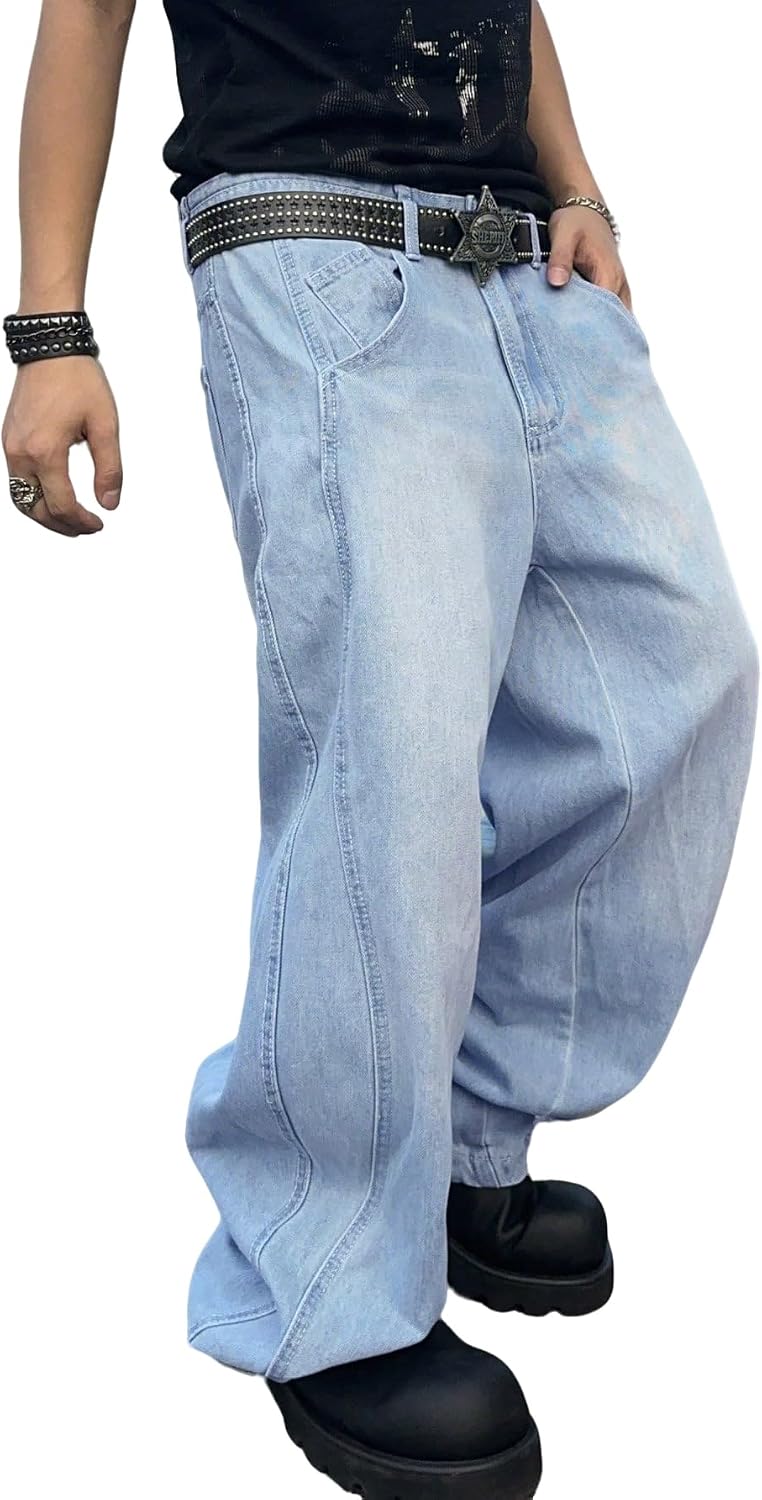 Men Irregular Sutures Baggy Jeans with Angled Pocket Y2k Hip Hop Wide Leg Denim Pants - Image 2