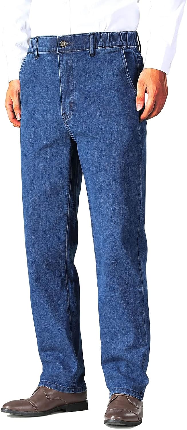 Men Elastic Waist Jeans Relaxed Fit with Zipper and Button - Image 2
