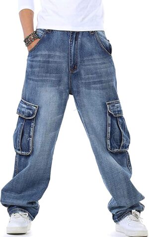 Men Casual Loose Hip Hop Denim Work Pants Jeans