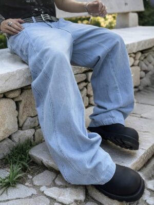 Men Irregular Sutures Baggy Jeans with Angled Pocket Y2k Hip Hop Wide Leg Denim Pants